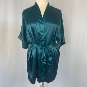 Fredericks of Hollywood Robe Plus Size 1X Emerald Green Silky Satin Lingerie Vtg